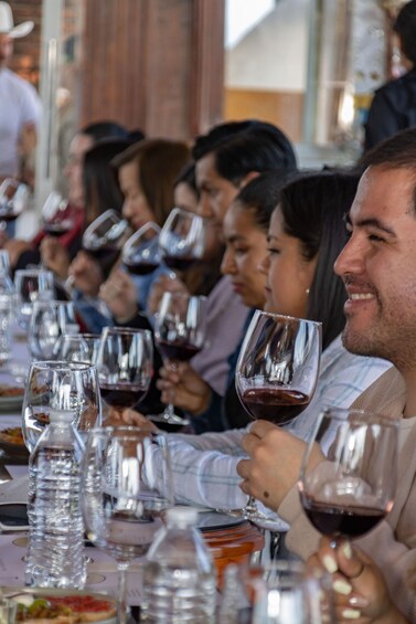 Un grupo de personas sentadas en una mesa con copas de vino. 4