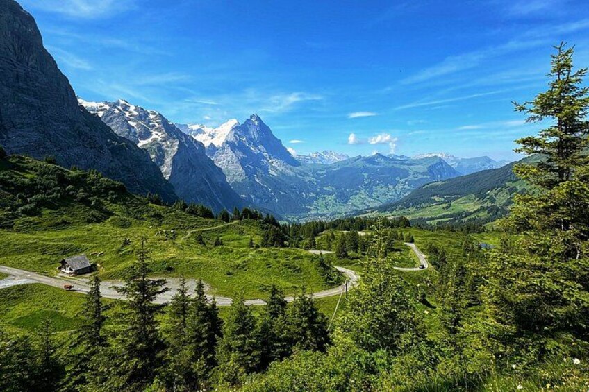 Un paysage montagneux avec une route sinueuse, des champs verdoyants et des sommets enneigés sous un ciel dégagé. 3