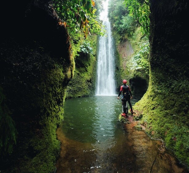 A person standing at the base of a waterfall in a forested area. 1