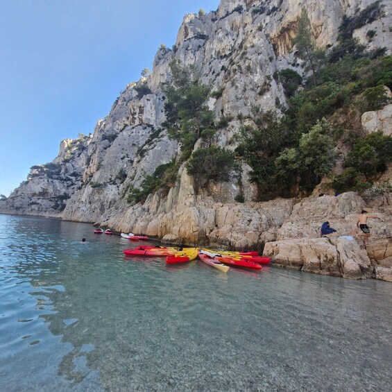 A rocky coastline with kayaks lined up near the water's edge. 3