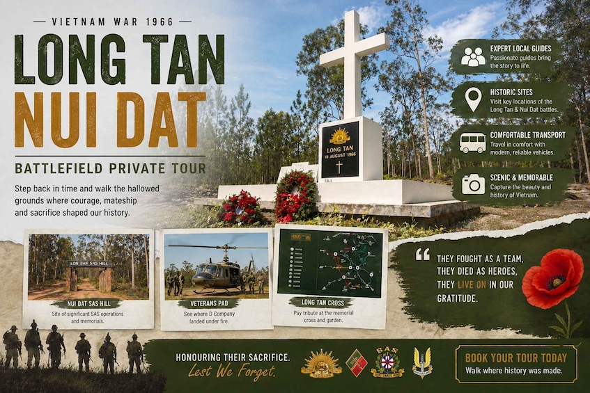 A battlefield tour in Vietnam War 1966, featuring Long Tan and Nui Dat sites, with a cross, helicopters, and soldiers. 1