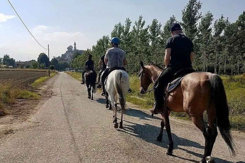 A rural road with riders on horses. 4