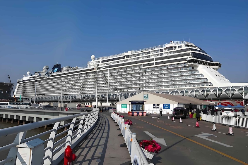 A large cruise ship docked at a port with a terminal building and a pedestrian walkway. 1