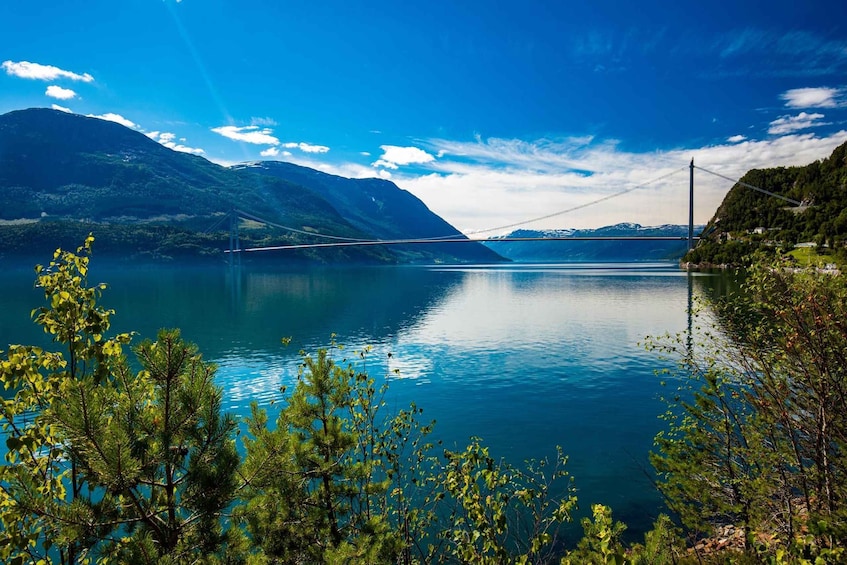 A suspension bridge over a calm lake with mountains in the background. 5