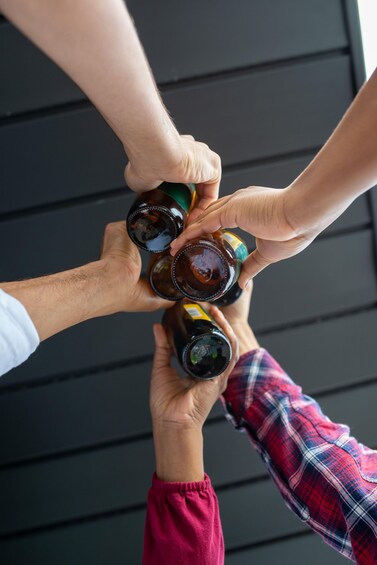 Un grupo de personas sosteniendo botellas de cerveza en círculo. 2