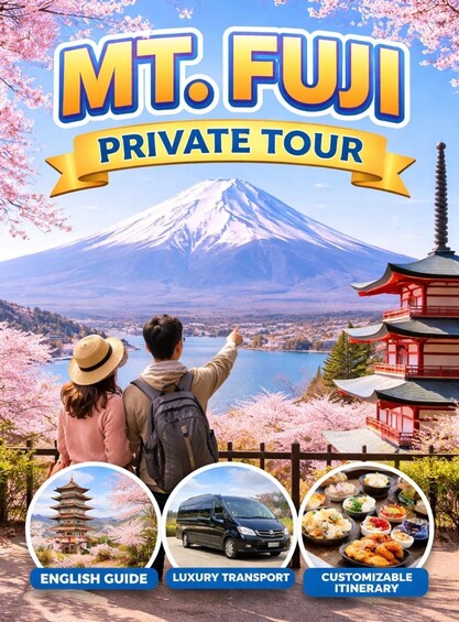 A couple enjoying a view of Mt. Fuji with cherry blossoms, a pagoda, and a traditional Japanese dish. 3
