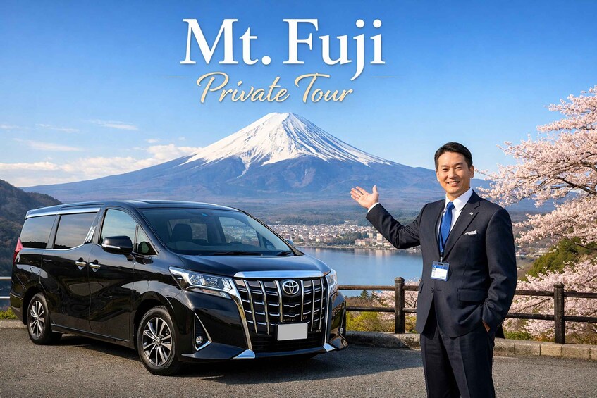 A black Toyota SUV parked in front of Mt. Fuji with a person in a suit standing beside it. 2