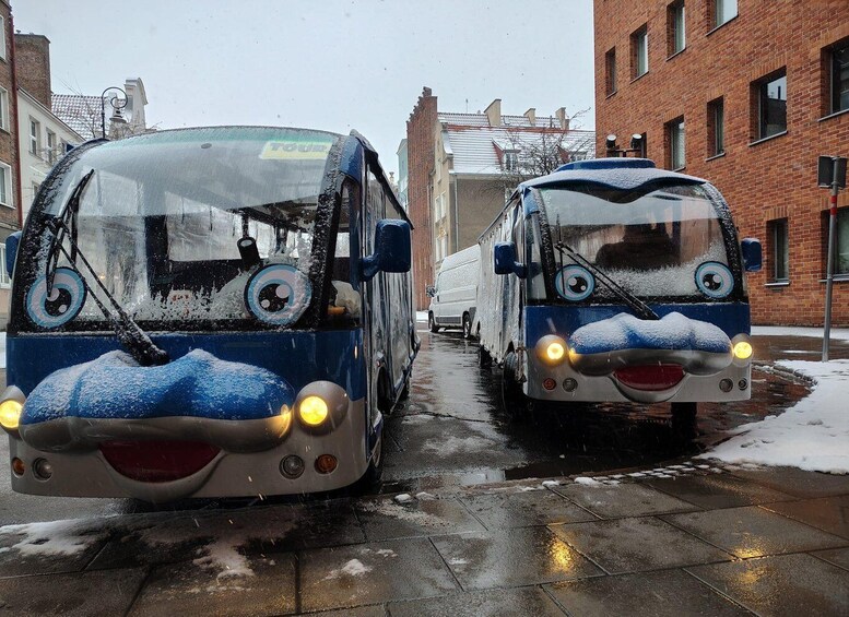 Two buses with snow-covered fronts and headlights on, parked on a wet street. 4