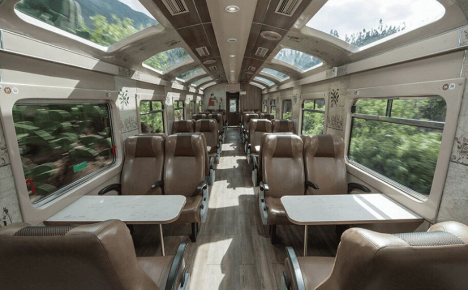 Interior de tren con asientos de cuero, mesas y ventanas grandes. 2