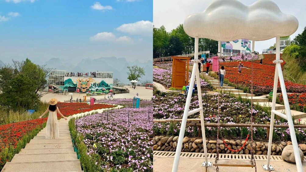 A garden with a variety of flowers, a staircase, and a building with a dragon mural. 5