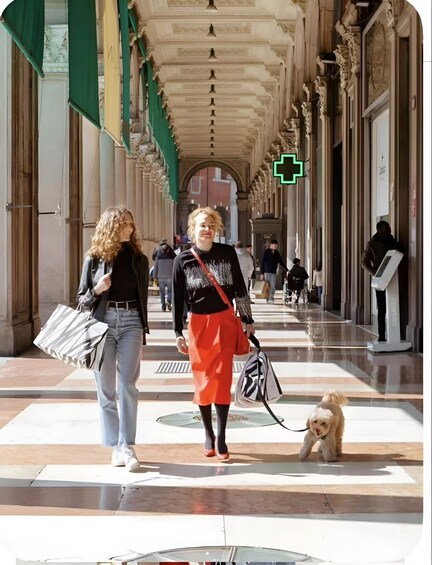 A pedestrian walkway with ornate columns and a dog on a leash. 1