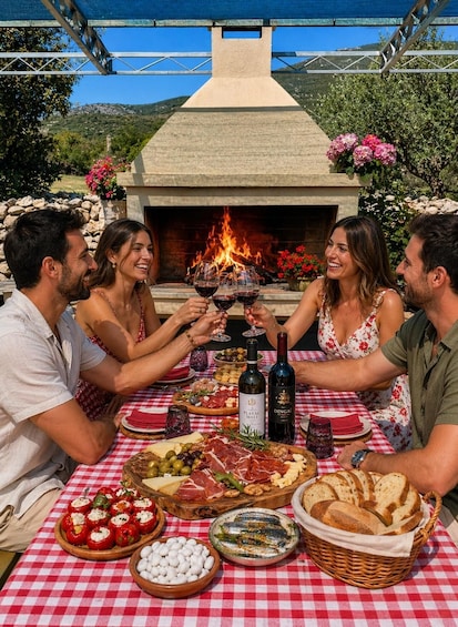 A group of people toasting with wine around a table with a checkered tablecloth, featuring a variety of cheeses, cured meats, bread, and olives. 5