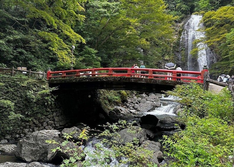 A red bridge over a rocky stream with a waterfall in the background. 1