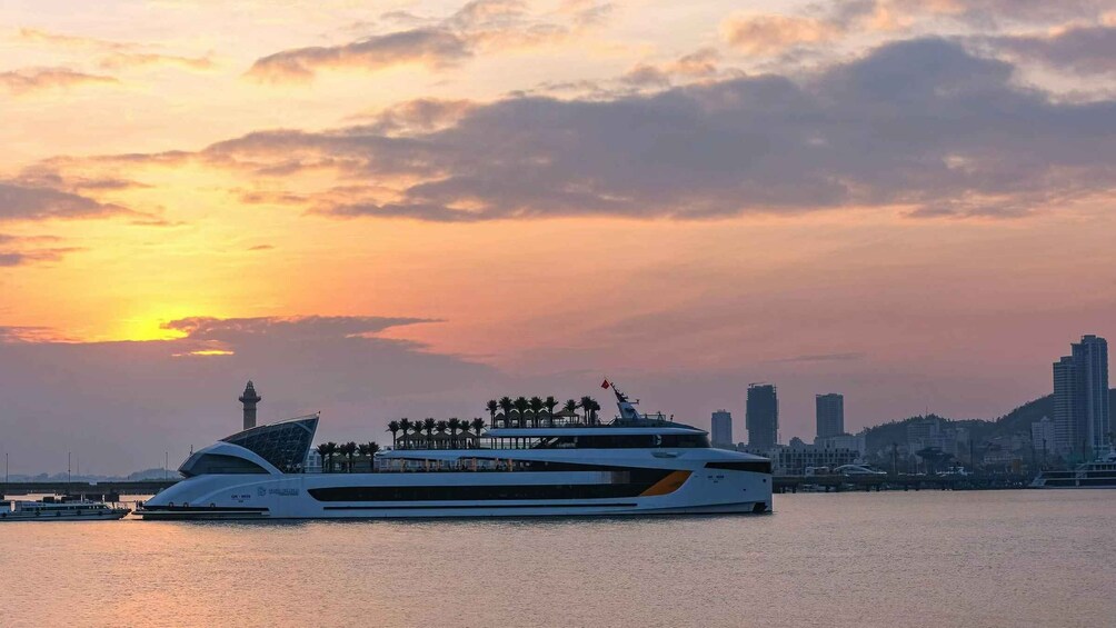 A large cruise ship docked at a port with a city skyline in the background during sunset. 1