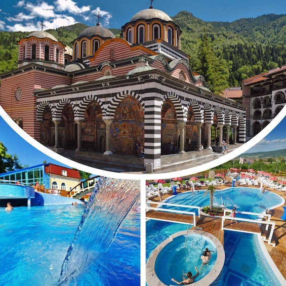 A historic building with domed architecture, a swimming pool area, and a waterfall feature. 2