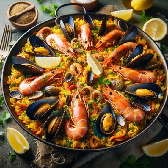 A seafood paella with shrimp, mussels, and clams, garnished with lemon slices and parsley. 1