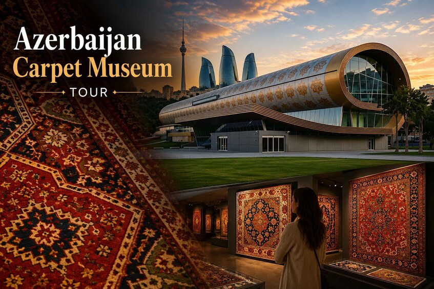 The Azerbaijan Carpet Museum with a modern building and traditional carpets on display. 1
