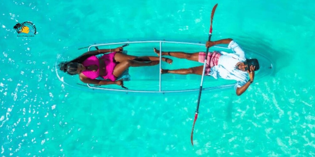 Two people in a boat on turquoise water. 2