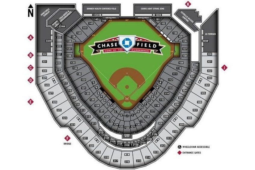 Chase Field baseball stadium with marked sections and entrance gates. 3
