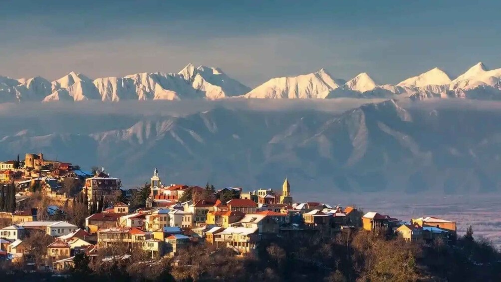 A town nestled against snow-capped mountains. 1