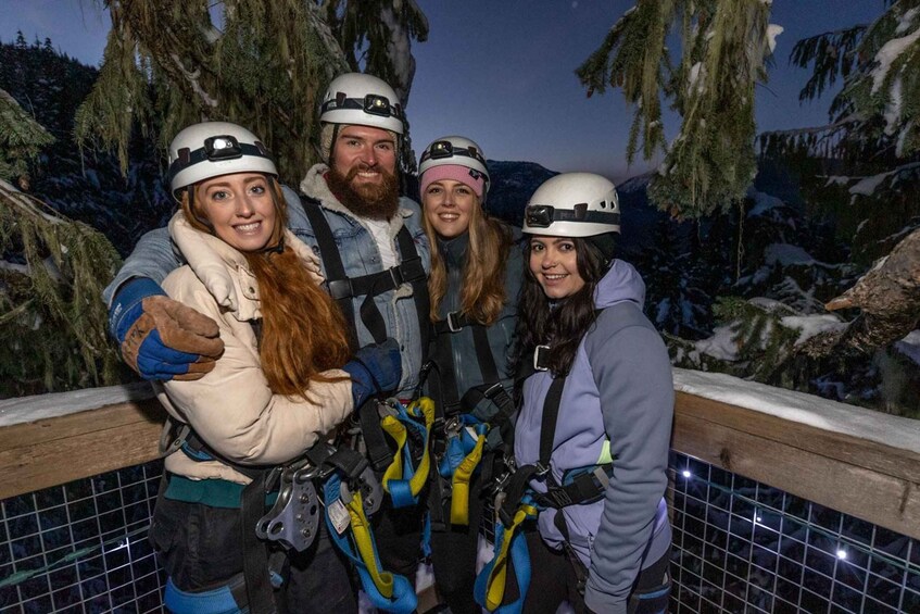 Four people wearing helmets and harnesses, standing on a bridge with snow-covered trees in the background. 5