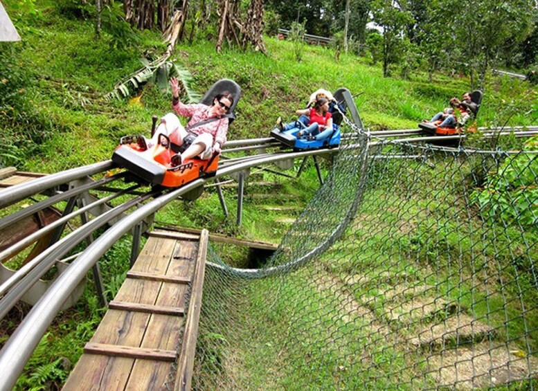 A roller coaster with passengers in orange and blue cars. 5