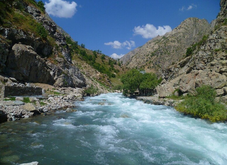 Un río caudaloso en un cañón rocoso con acantilados escarpados y vegetación escasa. 4