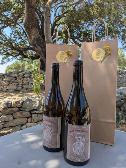 Two wine bottles and two paper bags with a logo on them, placed outdoors with a stone wall and trees in the background. 5