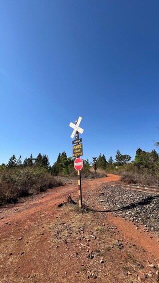 A railway crossing sign with a red stop sign and a white X-shaped sign. 3