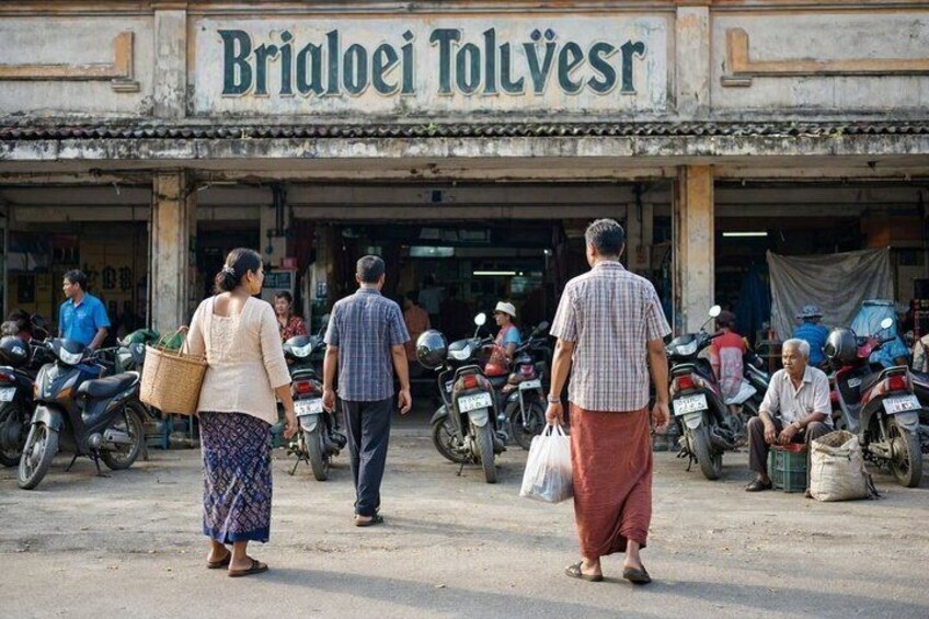 Una scena di strada di fronte a un negozio chiamato 'Brialoei Tolvvesr', con persone che camminano e motocicli parcheggiati. 1