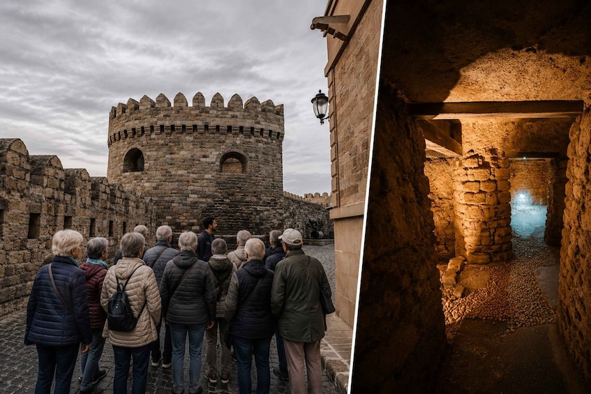 A stone castle with a round tower and a group of people standing in front. 1