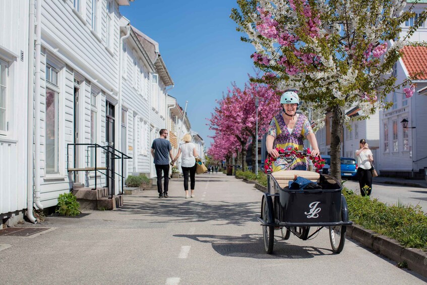 A woman riding a bicycle with a cart, pedestrians walking on a street lined with white buildings and blooming pink trees. 3
