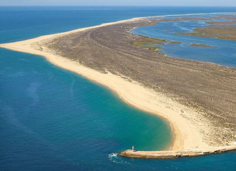 An aerial view of a coastal landscape with a sandy beach, a lighthouse, and a breakwater extending into the sea. 5