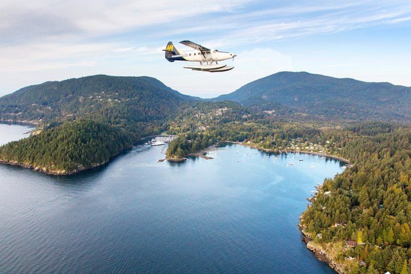 Un helicóptero volando sobre un lago rodeado de colinas boscosas. 4