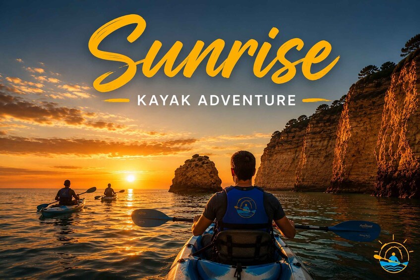 A sunrise kayaking adventure with a rocky coastline. 1