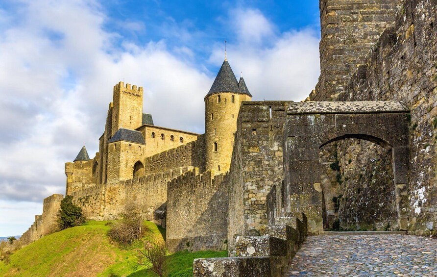 A medieval castle with stone walls, towers, and a cobblestone pathway. 1