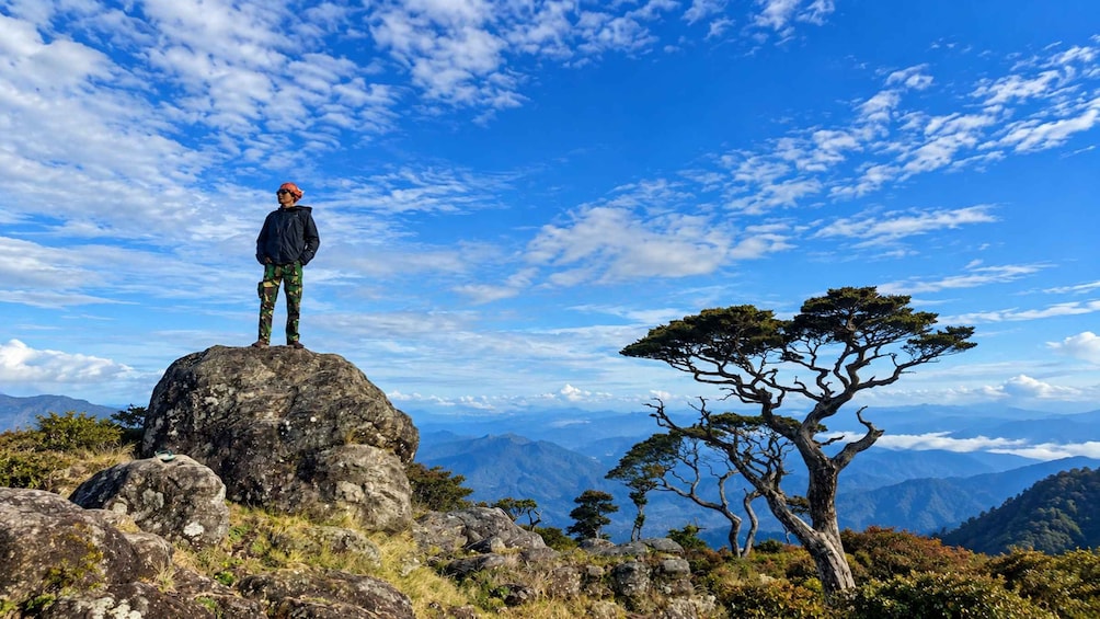 A person standing on a rock with a mountainous landscape and a clear sky in the background. 2