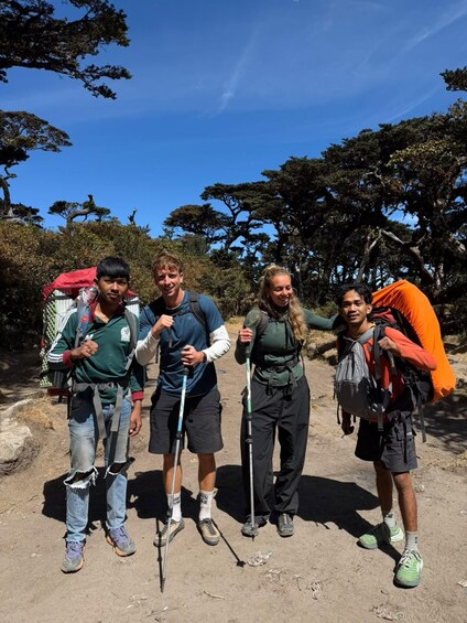 Four hikers with backpacks on a dirt trail surrounded by trees. 5