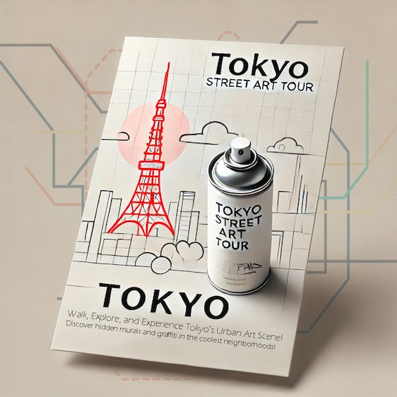 A Tokyo Street Art Tour pamphlet with a red drawing of the Tokyo Tower and a spray can. 4
