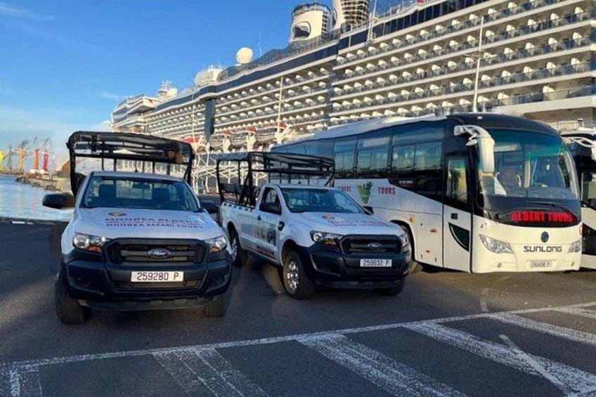 A ferry, two white vehicles, and a cruise ship. 1