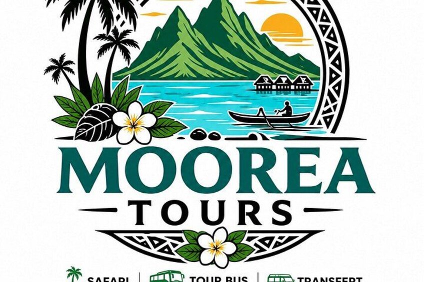 A logo for Moorea Tours with tropical scenery, including palm trees, a mountain, and a boat. 5