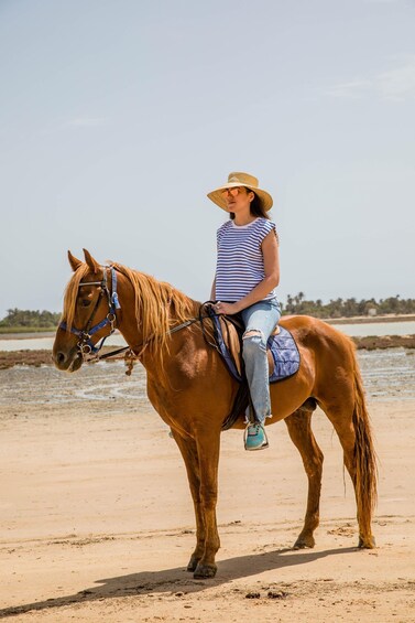 A person riding a horse on a sandy beach with water in the background. 1