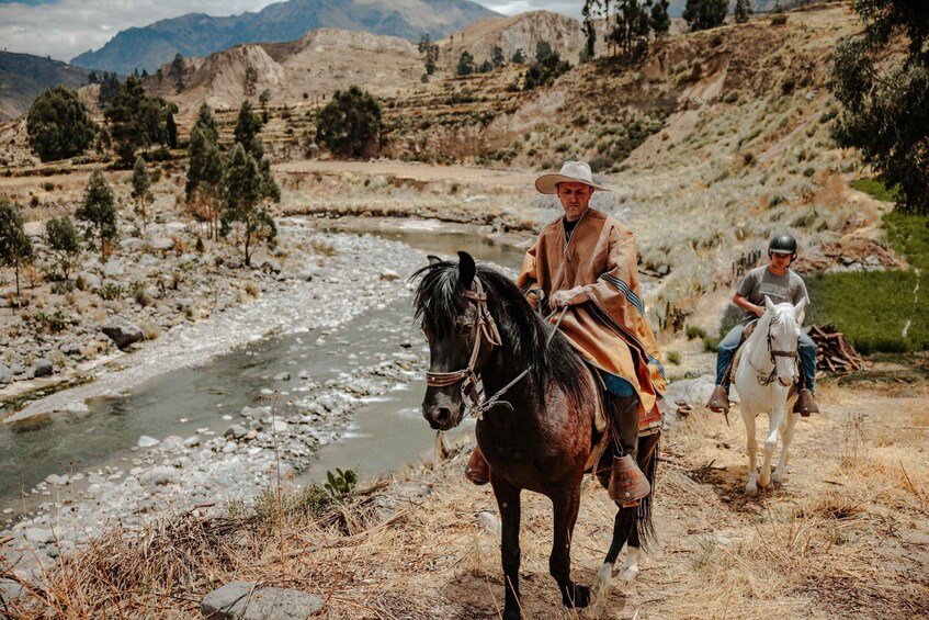 A person riding a horse along a riverbank with a mountainous backdrop. 3