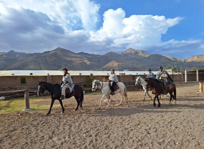 A group of people riding horses in an outdoor arena with mountains in the background. 1