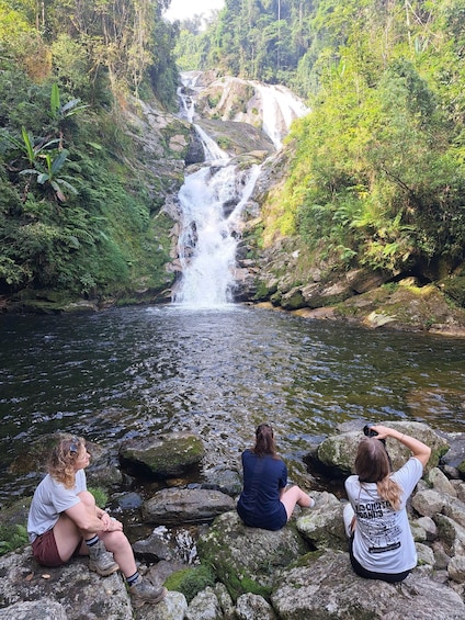 Three people sitting on rocks by a waterfall in a forested area. 1