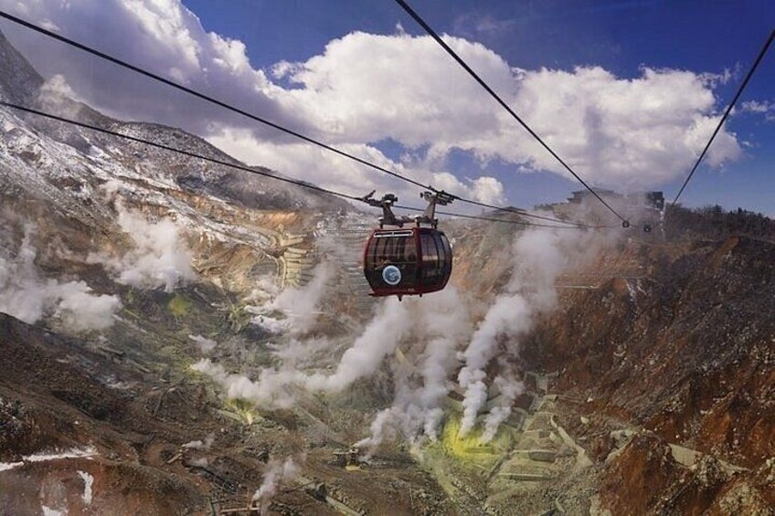 A cable car suspended over a rugged landscape with steam rising from the ground. 4