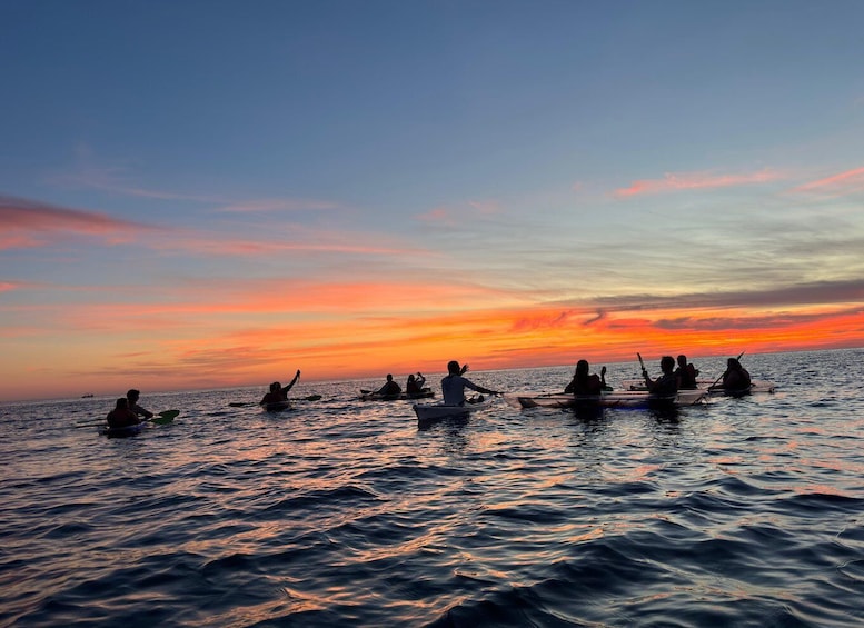 A group of people kayaking on a body of water during sunset. 1