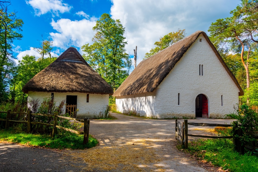 A rural scene with a thatched-roof hut and a white building with a red door. 2
