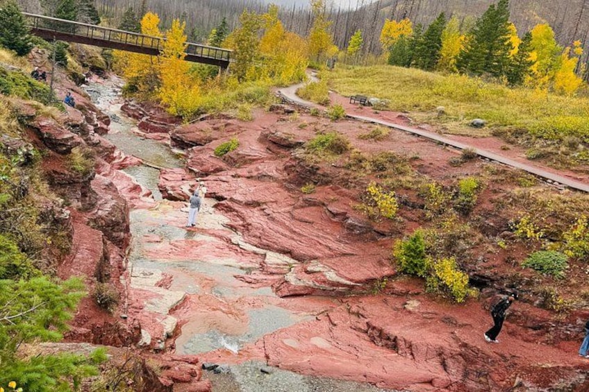 A rocky terrain with a path, a bridge, and autumn-colored trees. 4