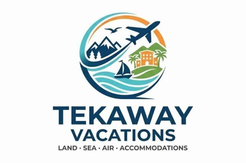 Un logotipo que muestra un avión, montañas, un velero y un edificio, representando viajes y alojamiento. 5